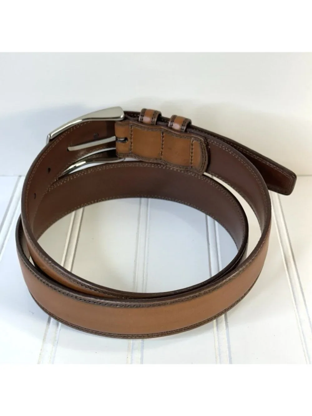 Torino Men's Belt 36 Brown Aniline Kipskin Shoulders Leather Silver Buckle USA